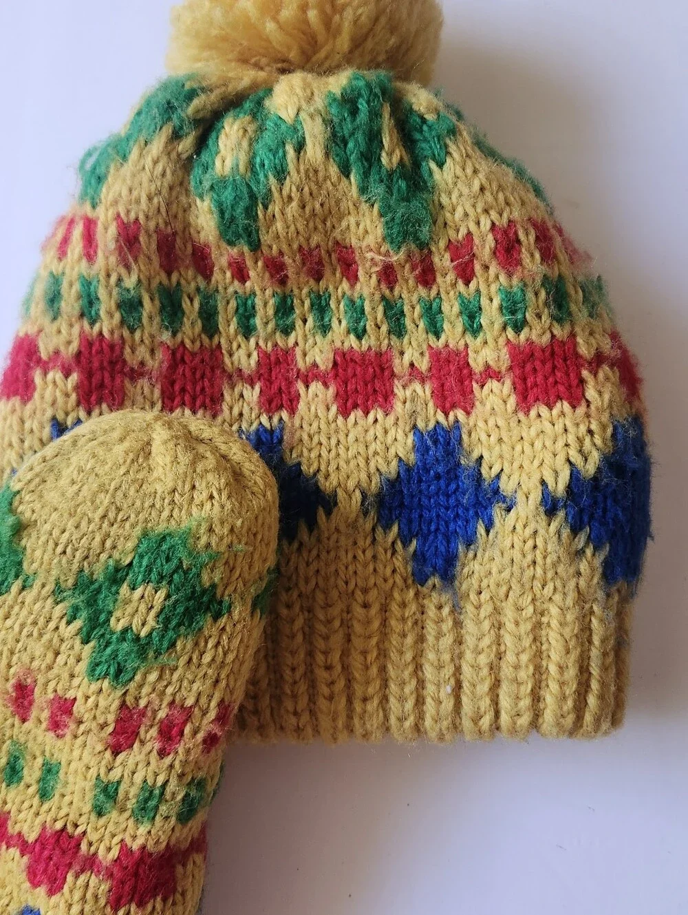 Yellow Knit Pom Pom Hat and Mittens Set for Kids -Pattern Made In JAPAN